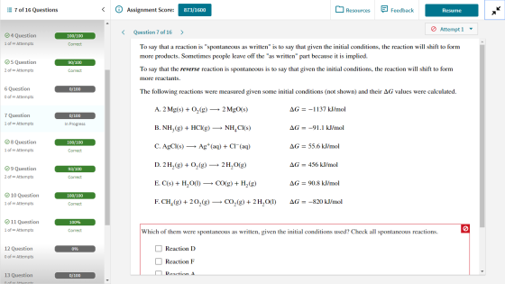 EFeedback Assignment Score: Resources 7 of 16 Questions 873/1600 Resume Attempt 1 Question 7 of 16 4 Question 100/100 1 of oo
