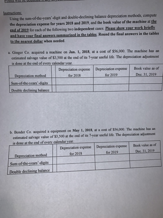 POWS WILL Instructions: Using the sum-of-the-years-digit and double-declining balance depreciation methods, compute the depr