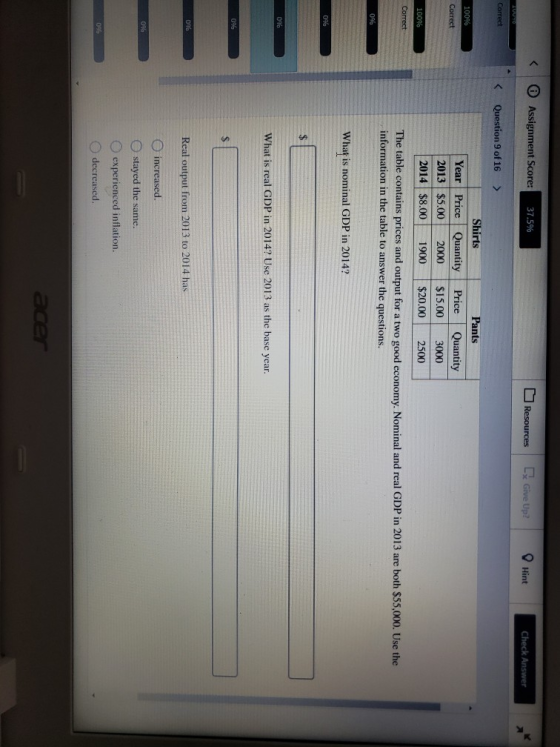 < Assignment Score: 37.5% Resources Ex Give Up? Hint Check Answer Correct Question 9 of 16 > 100% Correct Shirts Pants Year P