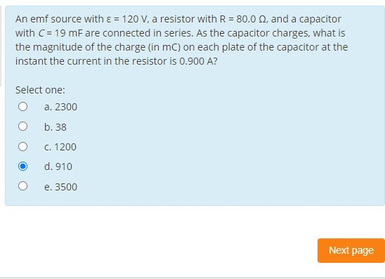 An emf source with ε = 120 V, a resistor with R = 80.0 1, and a capacitor with C= 19 mF are connected in series. As the capac
