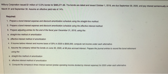 Wilbury Corporation issued $1 million of 13.5% bonds for $985,071.68. The bonds are dated and issued October 1, 2019, are due