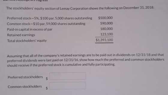The stockholders equity section of Lemay Corporation shows the following on December 31, 2018: $500,000 Preferred stock-5%,
