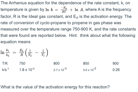 The Arrhenius equation for the dependence of the rate constant, k, on temperature is given by In k = + In A, where A is the f