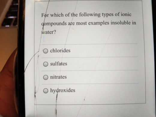 For which of the following types of ionic compounds are most examples insoluble in water? chlorides sulfates nitrates hydroxi