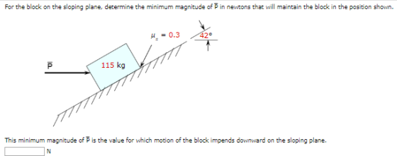 For the block on the sloping plane, determine the minimum magnitude of Din newtons that will maintain the block in the positi