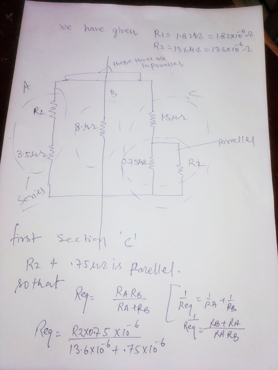 we have given Ri= 1.820 = 1.82x10 or R2 = 13.642 = 13.6x10r these three are inparellel mu un parrellel 3.5us 0.75 } Į R2 Sene