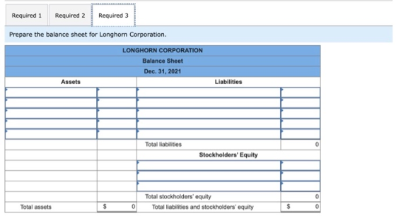 Required 1 Required 2 Required 3 Prepare the balance sheet for Longhorn Corporation. LONGHORN CORPORATION Balance Sheet Dec.