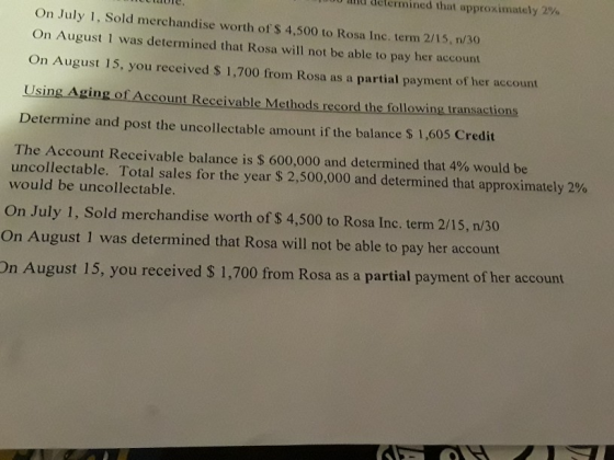 LULUI. i determined that approximately 2% On July 1. Sold merchandise worth of $ 4,500 to Rosa Inc. term 2/15.30 On August 1