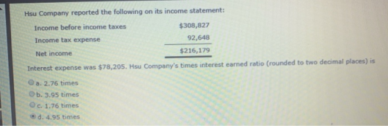 Hsu Company reported the following on its income statement: Income before income taxes $308,827 Income tax expense 92,648 Net