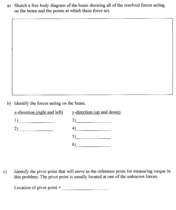 a) Sketch a free body diagram of the beam showing all of the resolved forces acting on the beam and the points at which these