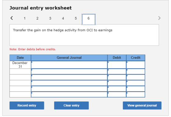 Journal entry worksheet < 1 2 3 4 5 Transfer the gain on the hedge activity from OCI to earnings Note: Enter debits before cr