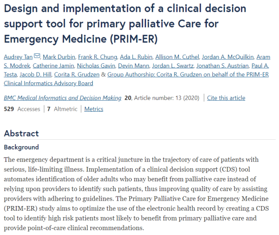 Design and implementation of a clinical decision support tool for primary palliative Care for Emergency Medicine (PRIM-ER) Au
