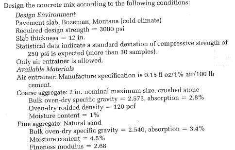 Design the concrete mix according to the following conditions: Design Environment Pavement slab, Bozeman, Montana (cold clima