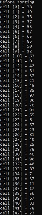 Before sorting cell [0] = 38 cell [1] 19 cell [2] = 38 cell [3]37 cell [4] 55 cell [5] = 97 cell [6] = 65 cell [7] 85 cell [8