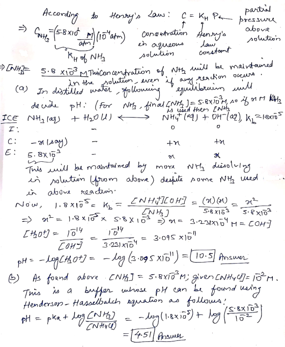 =) solution atm ous ta th al 1. According to Henrys Law: c = Kt Pt partial pressure . concentration above Henrys in aqueous