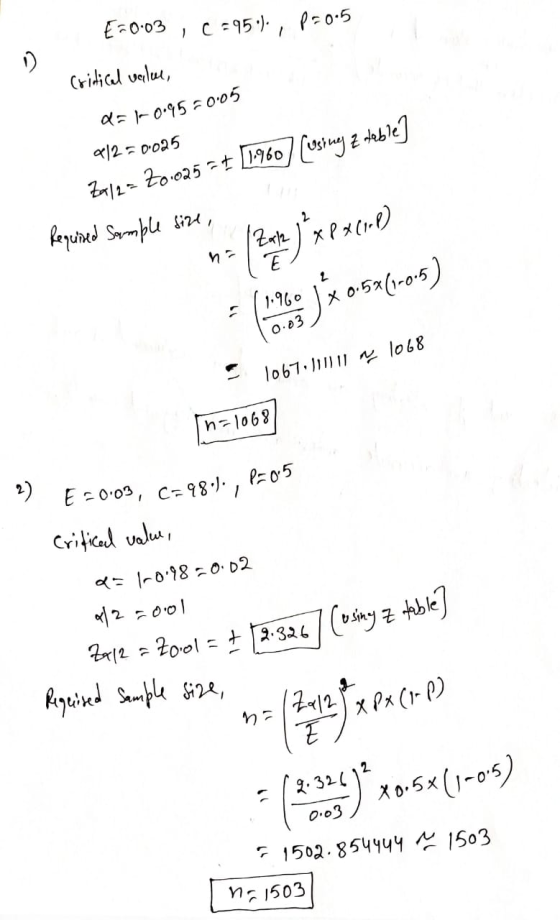 E0.03 , c =956), p=0.5 D Critical value dal 0.95 -0.05 212= 0.025 Zal2= Z0.025 =+ [1.960 (using z table] Required Sample size