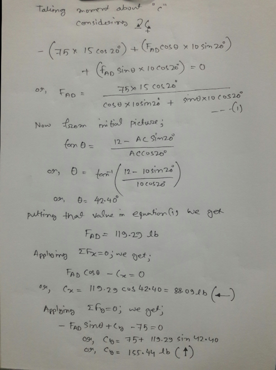Taling moment about c considering 26 - (75 x 15 cos 208) + (FAD Cose x 10 sinzo) & (FAN sina x 10 cos 20) = 0 on FAO = 75x1