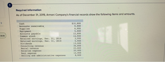 Required information As of December 31, 2019, Armani Companys financial records show the following items and amounts. 14.10