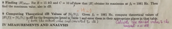 8 Finding |H|Mar. For R = 15 kN and C = 10 nFshow that |H| obtains its maximum at fo = 1061 Hz. Then find the maximum value,