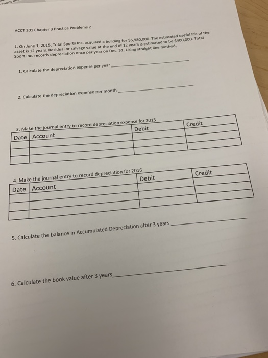 ACCT 201 Chapter 3 Practice Problems 2 1. On June 1, 2015. Total Sports Inc. acquired a building for SSGO.000. The estimated