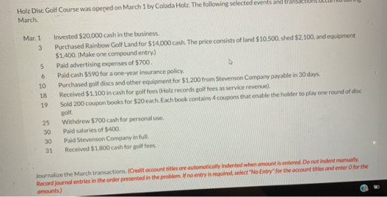 Holz Disc Golf Course was opened on March 1 by Colada Holz. The following selected events and transact March. Mar. 1 3 5 6 10