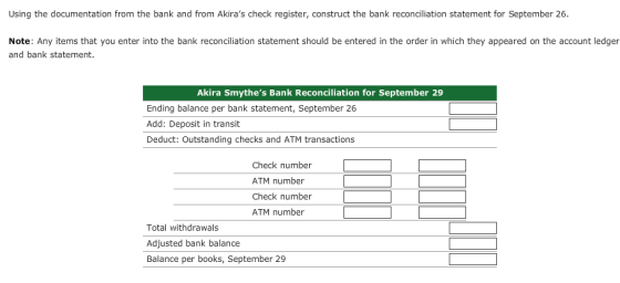 Using the documentation from the bank and from Akiras check register, construct the bank reconciliation statement for Septem