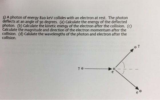 3) A photon of energy 820 keV collides with an electron at rest. The photon eflects at an angle of 5o degrees. (a) Calculate the energy of the deflected photon. (b Calculate the kinetic energy of the electron after the collision. () Calculate the magnitude and direction of the electron momentum after the collision. (d) Calulate the wavelengths of the photon and electron after the collision.