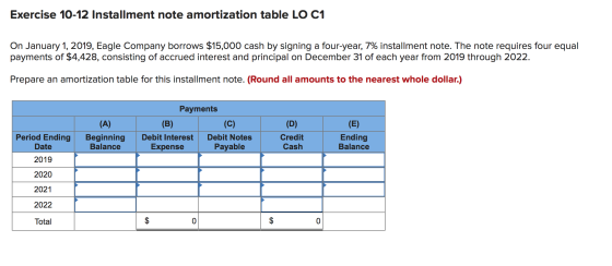 Exercise 10-12 Installment note amortization table LO C1 On January 1, 2019, Eagle Company borrows $15,000 cash by signing a