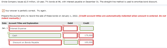 Oriole Company issues $2.5 million, 10-year, 7% bonds at 96, with interest payable on December 31. The straight-line method i