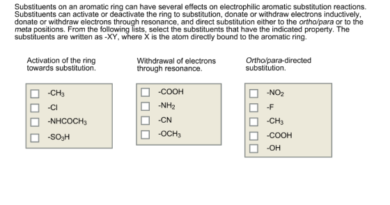 Substituents on an aromatic ring can have several effects on electrophilic aromatic substitution reactions Substituents can a