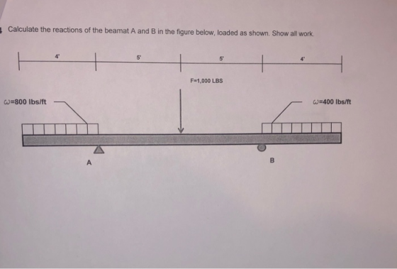 Calculate the reactions of the beamat A and B in the figure below, loaded as shown. Show all work. F=1,000 LBS w=800 lbs/ft W