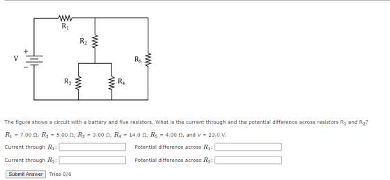 R R2 V RS 두 R3 RA The figure shows a circuit with a battery and five resistors. What is the current through and the potential