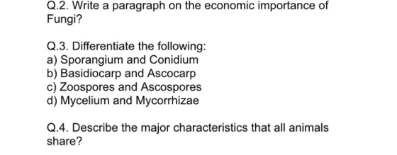 Q.2. Write a paragraph on the economic importance of Fungi? Q.3. Differentiate the following: a) Sporangium and Conidium b) B