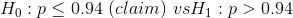 H_0: p \leq 0.94 \ (claim) \ vs H_1: p > 0.94