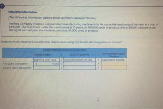0 Required Information [The following information applies to the questions displayed below Ramirez Company installs a computerized manufacturing machine in its factory at the beginning of the year at a cost of $49.000. The machines useful life is estimated at 10 years, or 400,000 units of product, with a $9.000 salvage value. During its second year, the machine produces 34,000 units of product. Determine the machines second-year depreciation using the double-declining-balance method Double declining Annual Depreciation Choose Factors book value the s expense 49.000x Second years depreciation