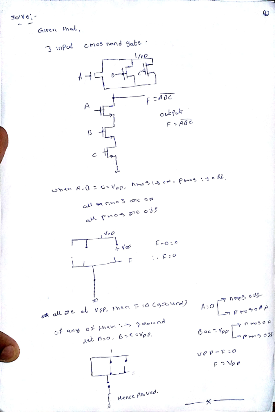 Sove Given Phal 3 inPut cmos nand gate veo -t outpe a? :o 20 Hence ps ved