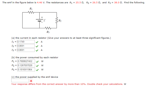 The emf in the figure below is 4.46 V. The resistances are R1-25.5 Ω, R-26.5 Ω, and R3 38.0 Ω. Find the following RI R2 Ri (a