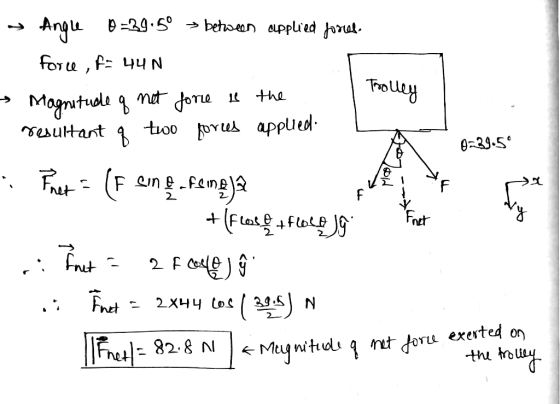 * Angle D-39:50 > between applied force. force , fo 44N → Magnitude of not force is the resultant of two forus applied TroUM