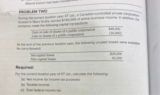 work During the current taxation year, KT Ltd., a Canadian-controlled private corporation located in Nova Scotia, earned $160