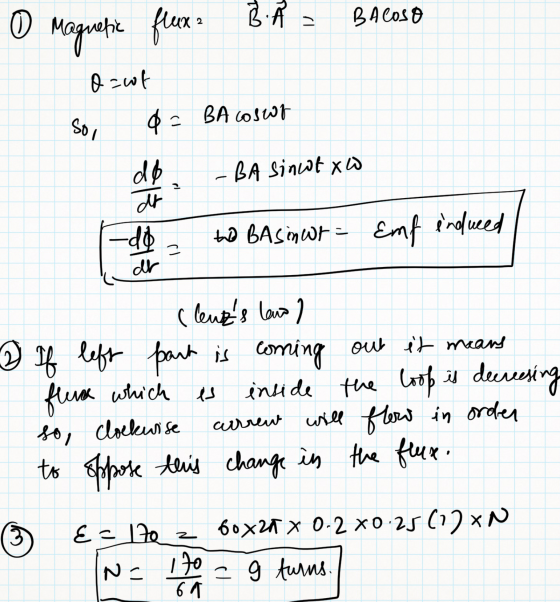 0 B. BACOSO Magnetic flux? oscof d = BA coswr sol do. -BA sinut xw do -do to Basinwr - Emf induced ar 2 If (lenzs lewo left