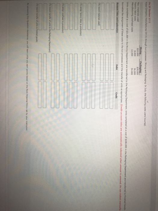 Do It! Review 1-2 Kopa Company manufactures CH-21 through two processes: Mixing and Packaging. In July, the following costs w