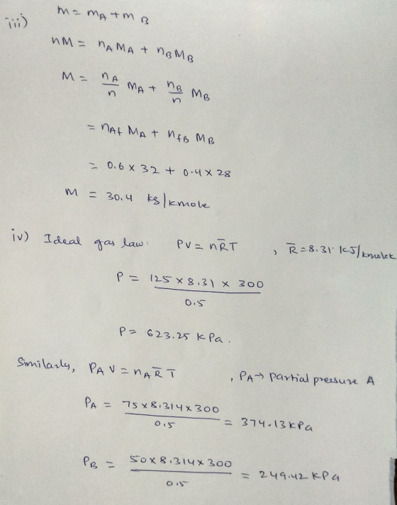 mamAtm B nm = NAMA + NOMB M= A MA + B MB - NAT MAT MAB MB - 0.6 x 32 + 0.4 x 28 м = 30 ч |Emote iv) Ideal gas law PV = nRT ,