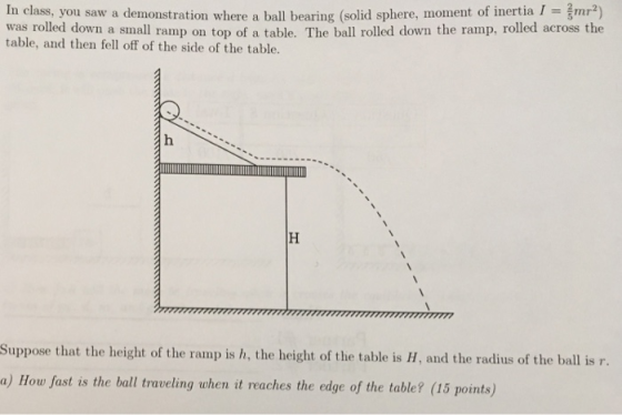 mr2) In class, you saw a demonstration where a ball bearing (solid sphere, moment of inertiaI was rolled down a small ramp on