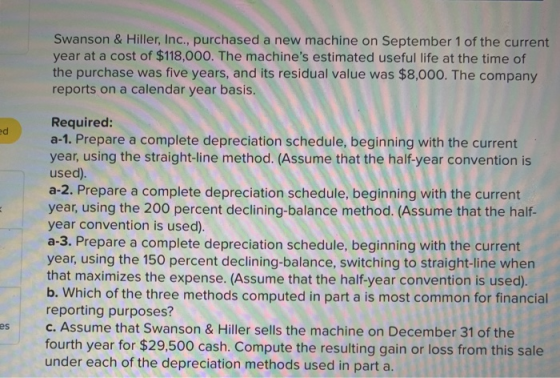 Swanson & Hiller, Inc., purchased a new machine on September 1 of the current year at a cost of $118,000. The machines estim