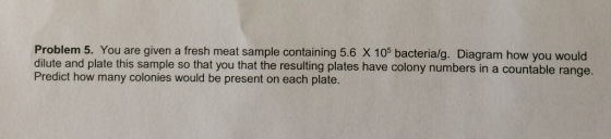 Problem 5. You are given a fresh meat sample containing 5.6 x 105 bacterialg. Diagram how you would and plate this sample so that you that the plates have colony numbers in a countable range Predict how many colonies would be present on each plate.