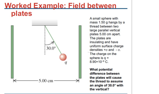 plates A small sphere with mass 1.50 g hangs by a thread between two large parallel vertical plates 5.00 cm apart. The plates