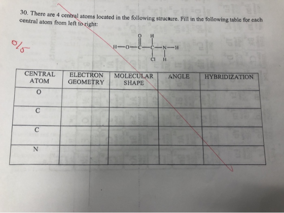 30. There are 4 central atoms located in the following structure. Fill in the following table for each central atom from left