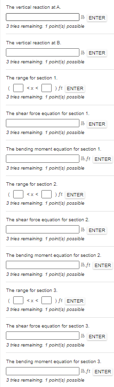 The vertical reaction at A. Іь ENTER 3 tries remaining. 1 point(3) possible The vertical reaction at B. lb ENTER 3 tries rema