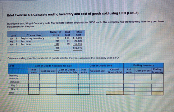 fa Brief Exercise 6-6 Calculate ending Inventory and cost of goods sold using LIFO (LO6-3) During the year, Wright Company se