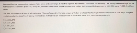 Kaumajet Factory produces two products: table lamps and desk lamps. It has two separate departments: Fabrication and Assembly
